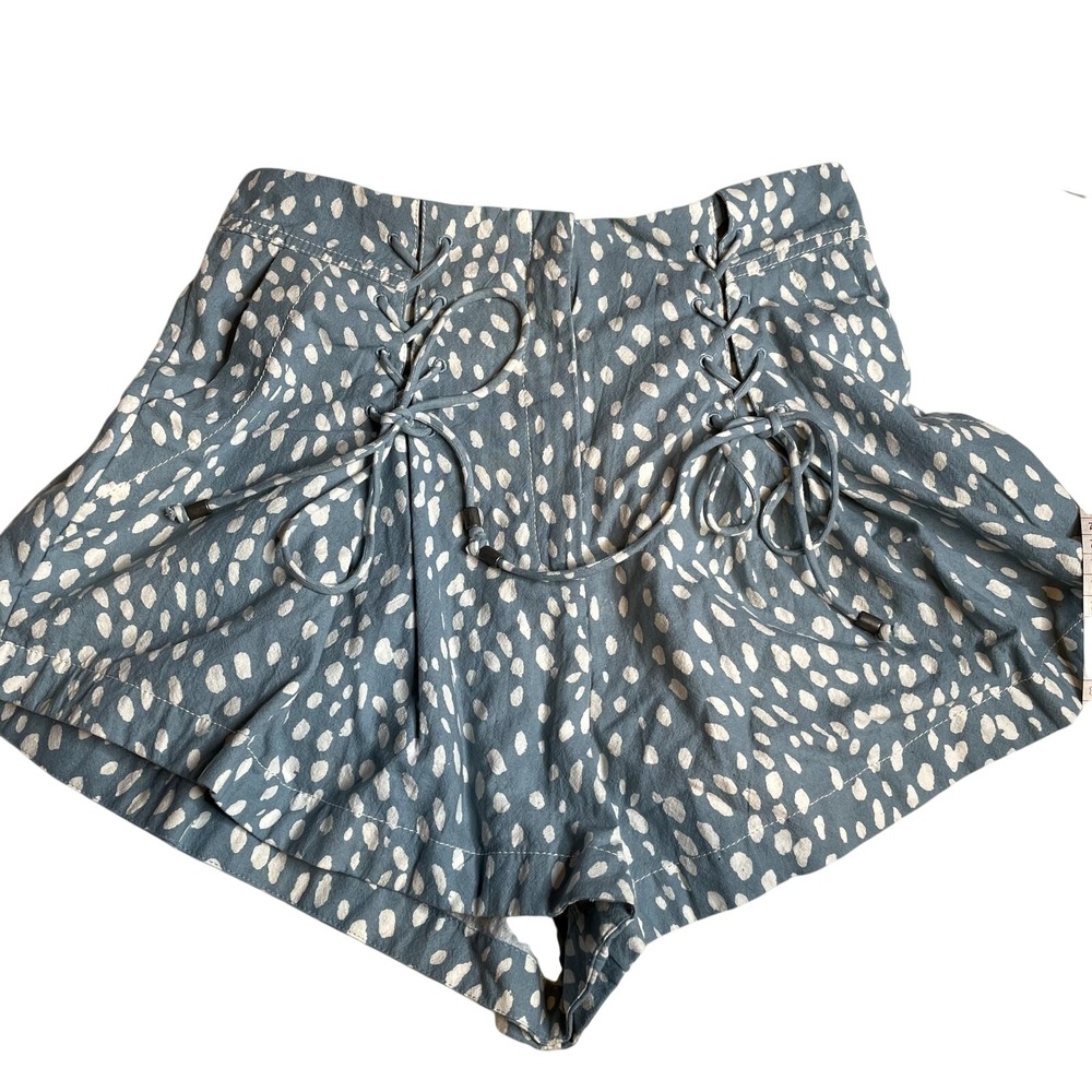 Free People Blue White Spot Lace Up‎ High Waist Shorts Boho Festival Size XS